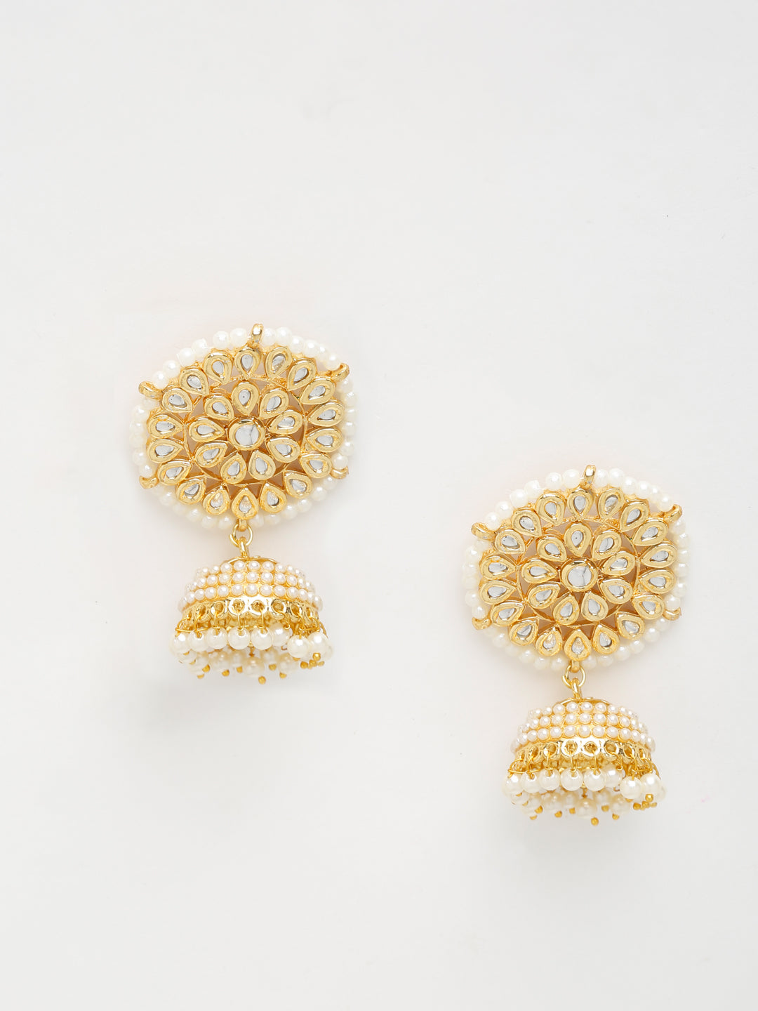 Gold White Kundan Studded Dome Shaped Jhumka Earrings - Ruby Raang