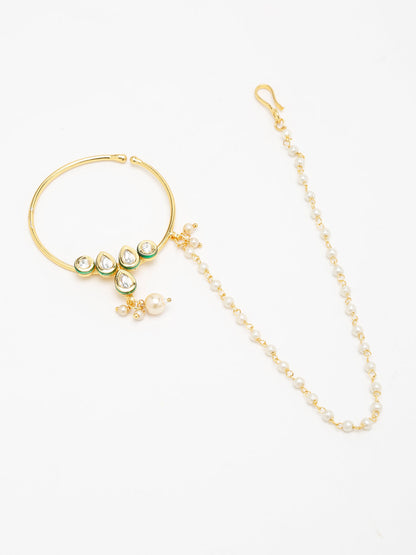 Gold-Polished Kundan Nose Ring - Ruby Raang