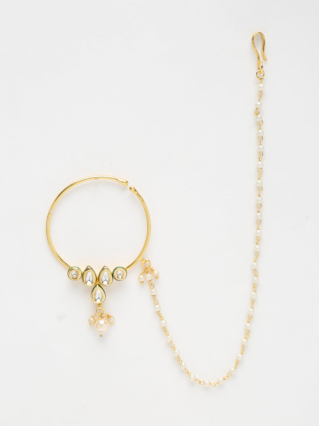 Gold-Polished Kundan Nose Ring - Ruby Raang