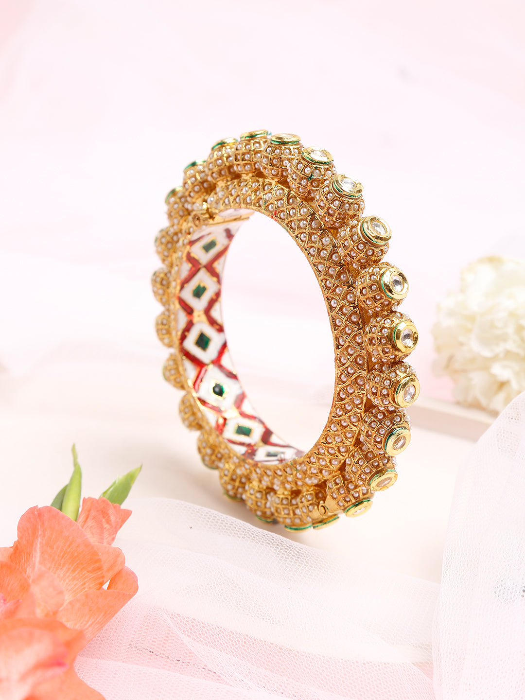 Gold-Polished White Pearl Studded Beaded Bangle - Ruby Raang