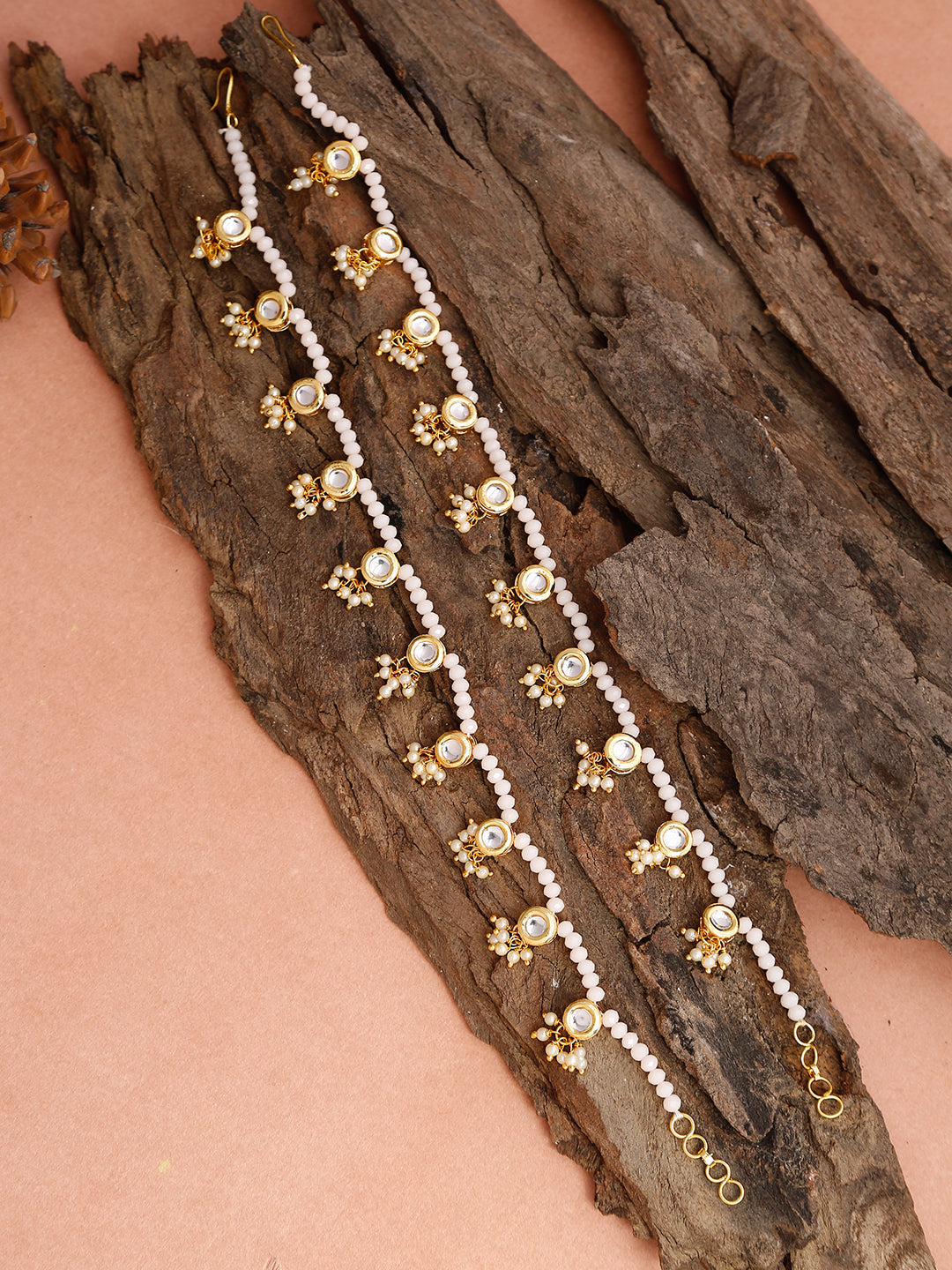Gold-Polished White Handcrafted Kundan Set Of 2-Studded Beaded Anklets - Ruby Raang