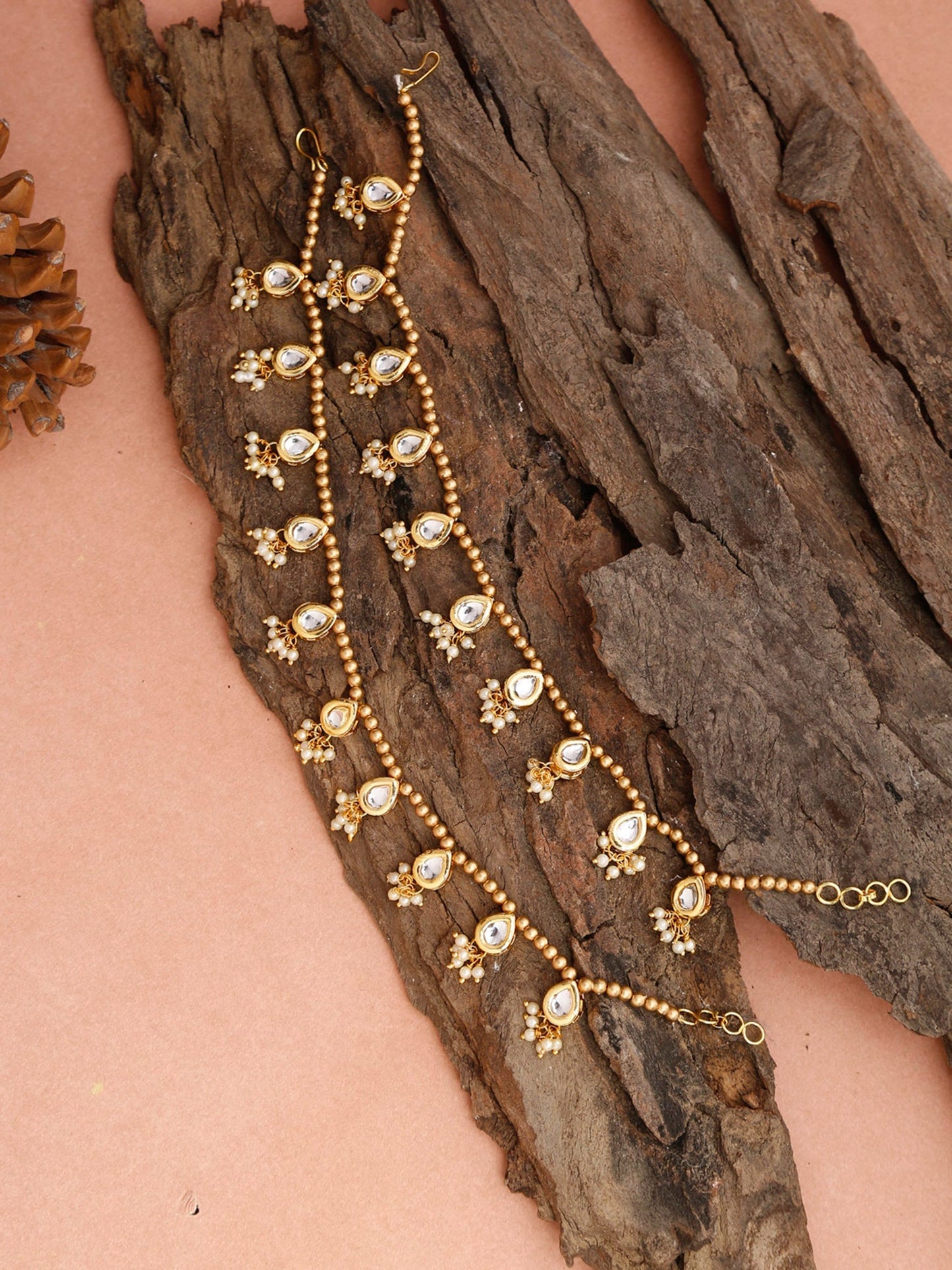 Gold-Polished White Kundan Set Of 2 Anklets - Ruby Raang