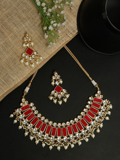 Long Kundan Neckpiece With Earrings - Ruby Raang