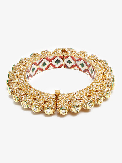 Gold-Polished White Pearl Studded Beaded Bangle - Ruby Raang