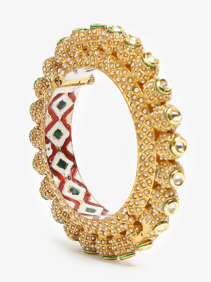 Gold-Polished White Pearl Studded Beaded Bangle - Ruby Raang