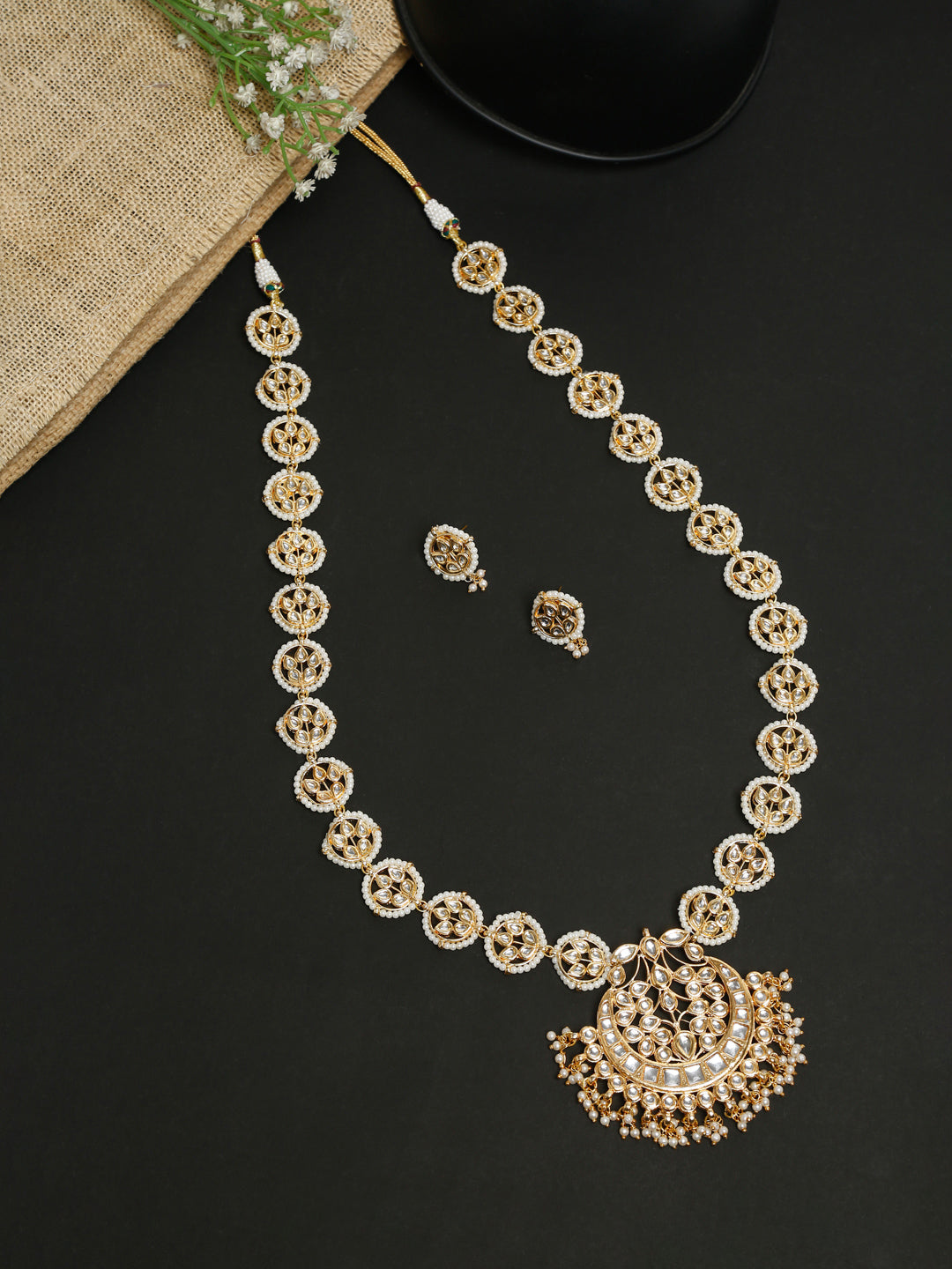 Long Kundan Neckpiece With Studs - Ruby Raang