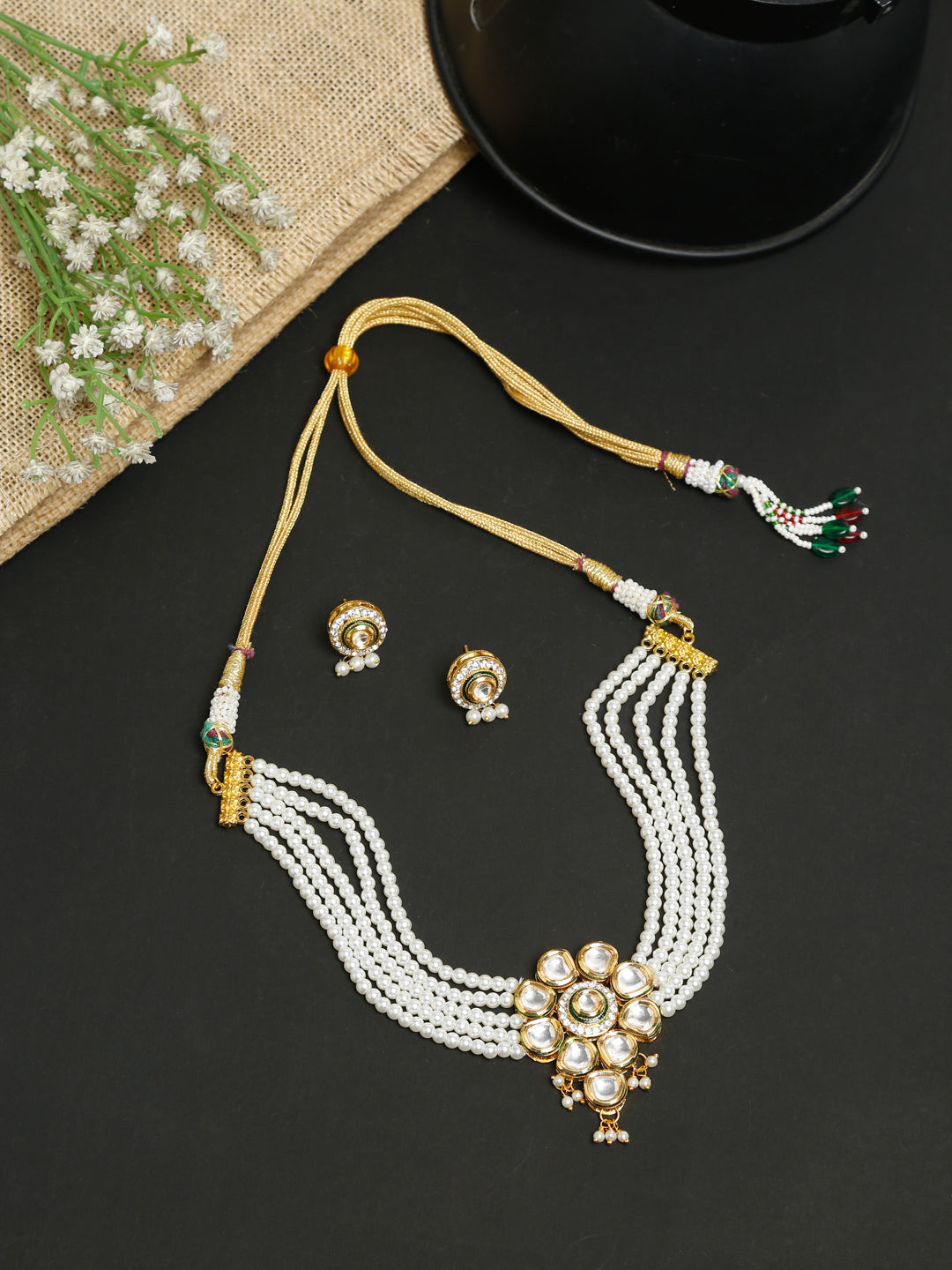 Kundan Choker With Pearls, Earrings - Ruby Raang