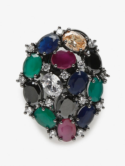 Multicoloured Rhodium-Plated Teardrop Shaped Drop Earrings - Ruby Raang