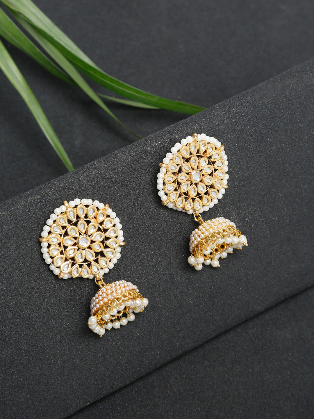Gold White Kundan Studded Dome Shaped Jhumka Earrings - Ruby Raang