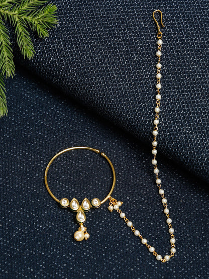 Gold-Polished Kundan Nose Ring - Ruby Raang