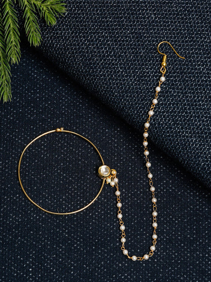 Gold-Polished Kundan Nose Ring - Ruby Raang