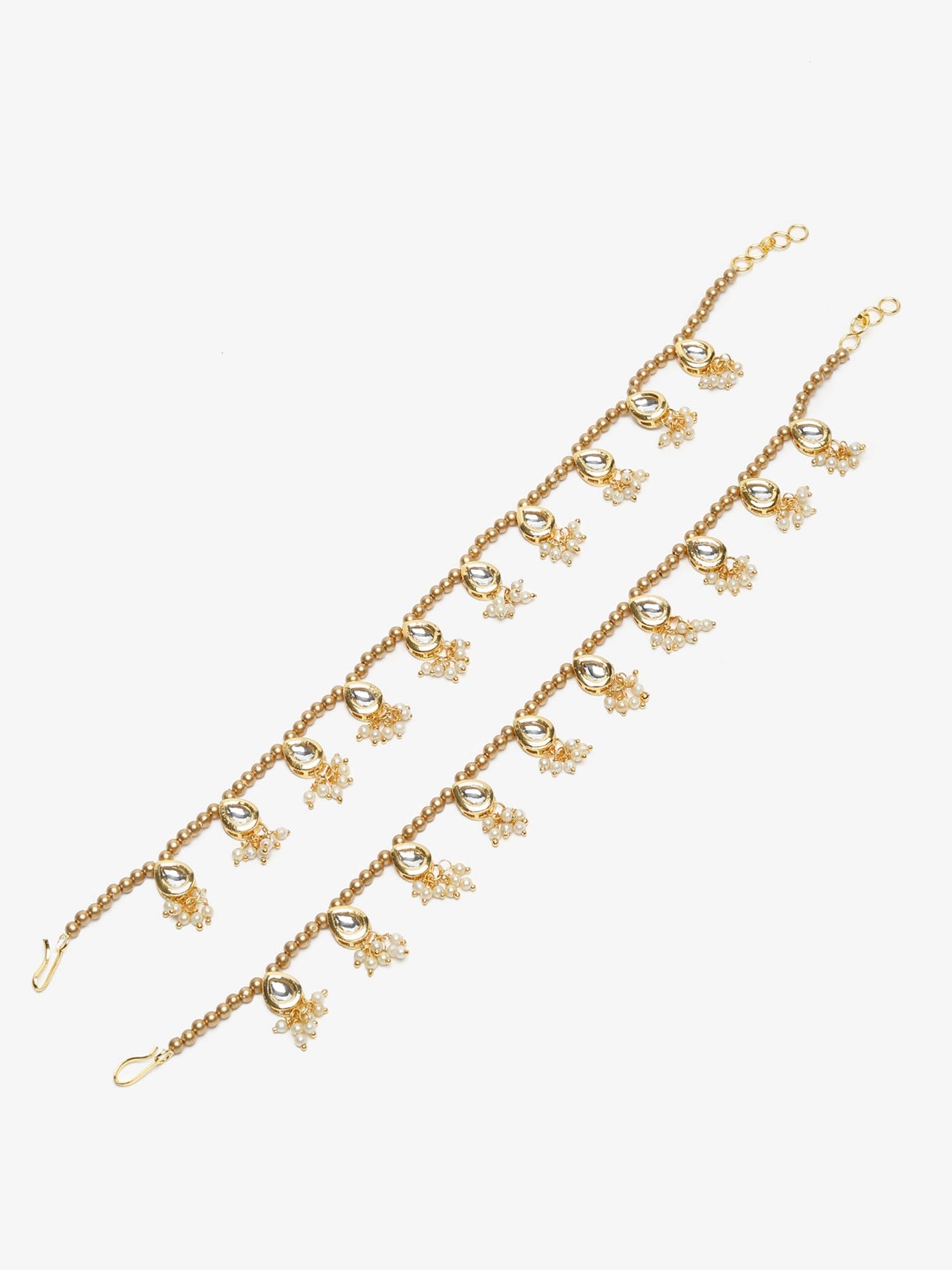 Gold-Polished White Kundan Set Of 2 Anklets - Ruby Raang