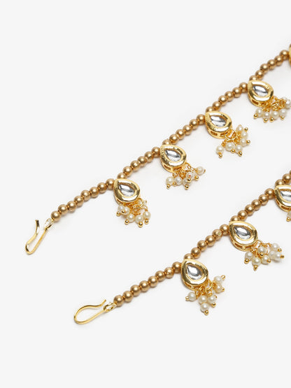 Gold-Polished White Kundan Set Of 2 Anklets - Ruby Raang