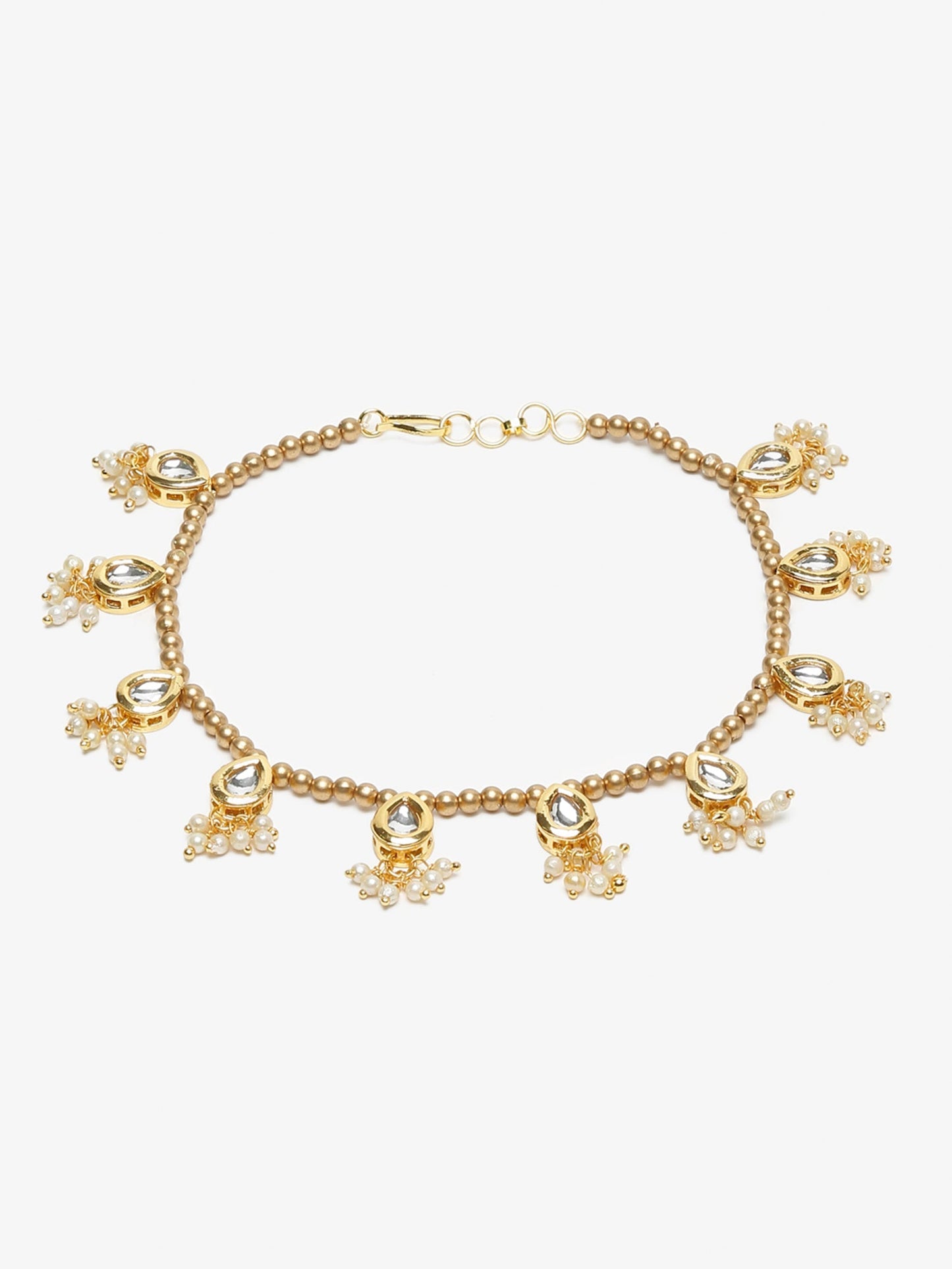 Gold-Polished White Kundan Set Of 2 Anklets - Ruby Raang