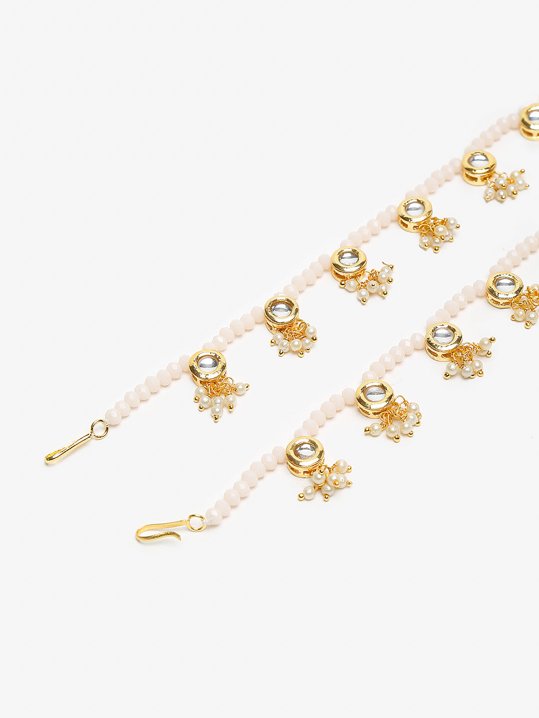 Gold-Polished White Handcrafted Kundan Set Of 2-Studded Beaded Anklets - Ruby Raang