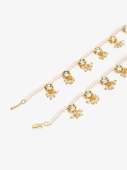 Gold-Polished White Handcrafted Kundan Set Of 2-Studded Beaded Anklets - Ruby Raang