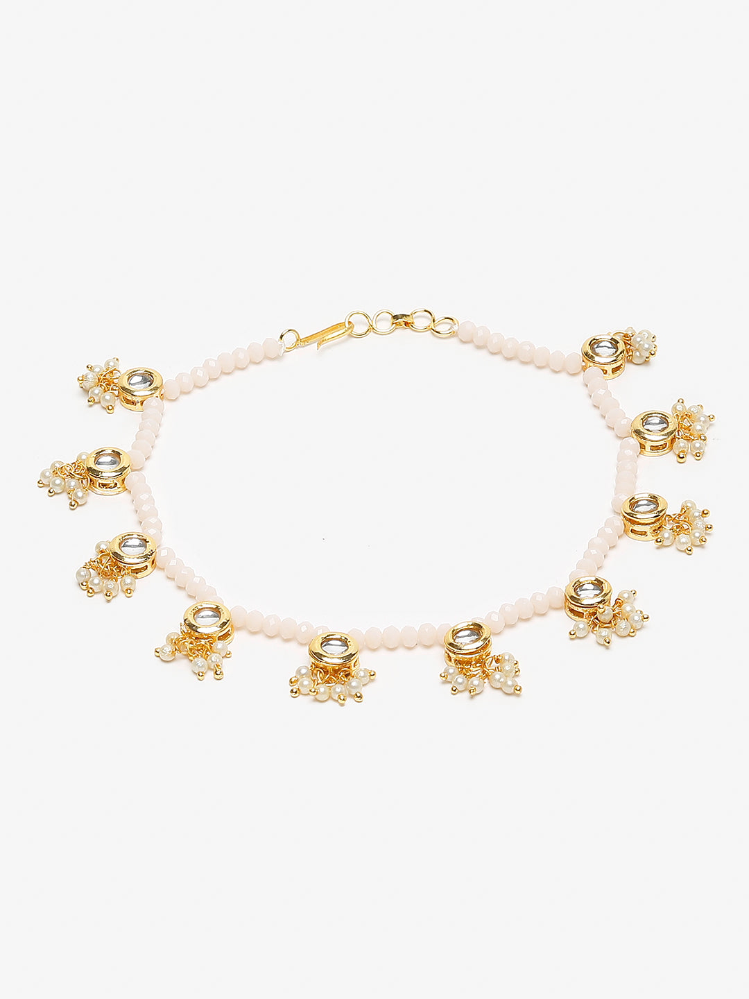 Gold-Polished White Handcrafted Kundan Set Of 2-Studded Beaded Anklets - Ruby Raang
