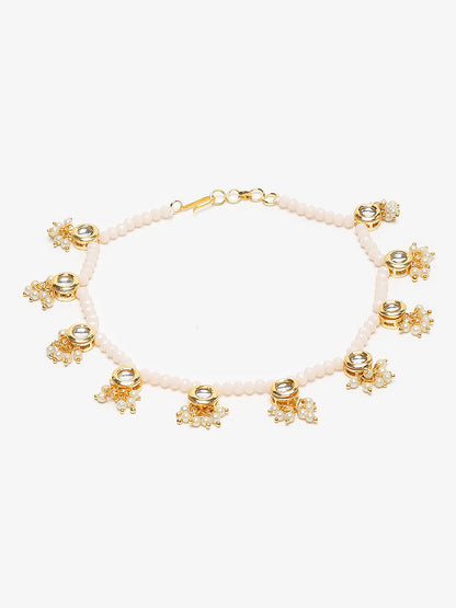 Gold-Polished White Handcrafted Kundan Set Of 2-Studded Beaded Anklets - Ruby Raang