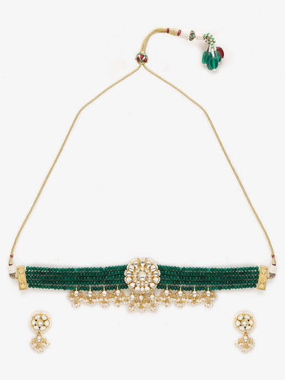 Gold-Polished Green Kundan-Studded Choker With Earrings - Ruby Raang