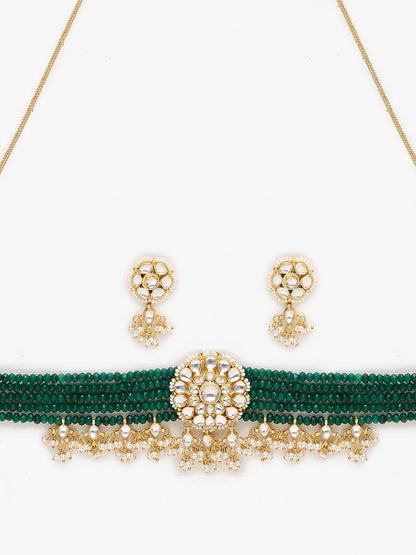 Gold-Polished Green Kundan-Studded Choker With Earrings - Ruby Raang