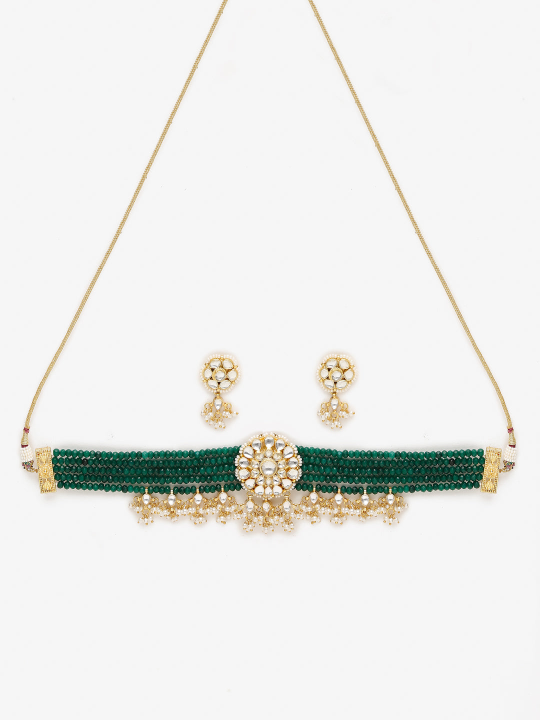 Gold-Polished Green Kundan-Studded Choker With Earrings - Ruby Raang