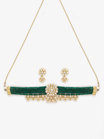Gold-Polished Green Kundan-Studded Choker With Earrings - Ruby Raang