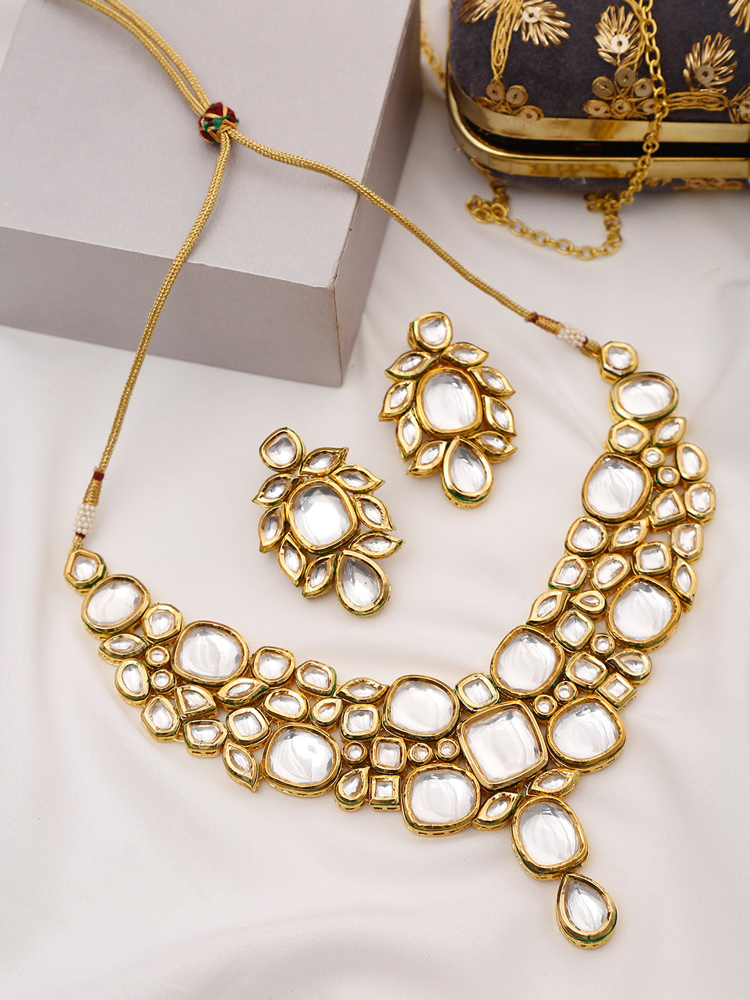 Gold-Toned Kundan Necklace With Earrings - Ruby Raang