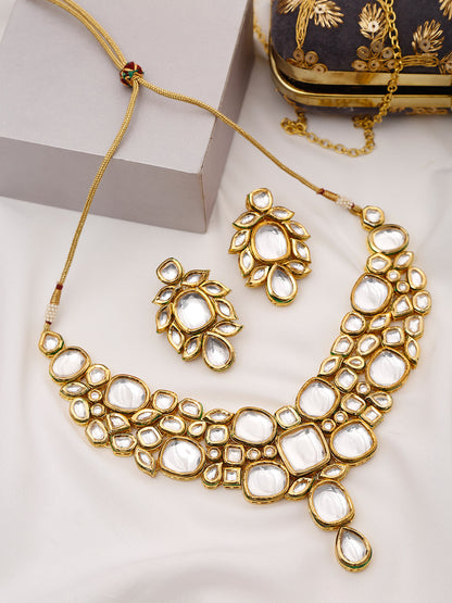 Gold-Toned Kundan Necklace With Earrings - Ruby Raang