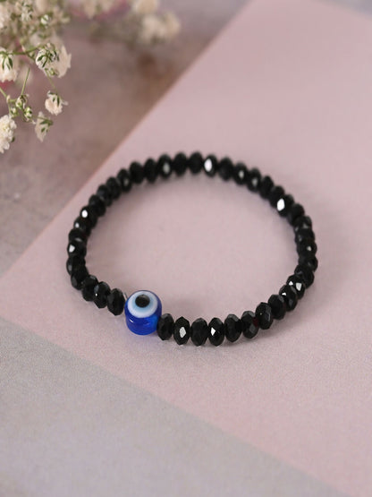 NVR Women & Men Black Evil Eye Elasticated Rakhi With Roli Chawal