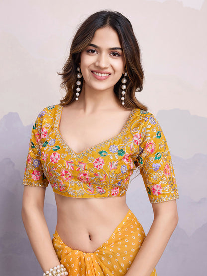 Yellow Georgette Bandhani Printed,Embroidery Work Saree - Surkhi