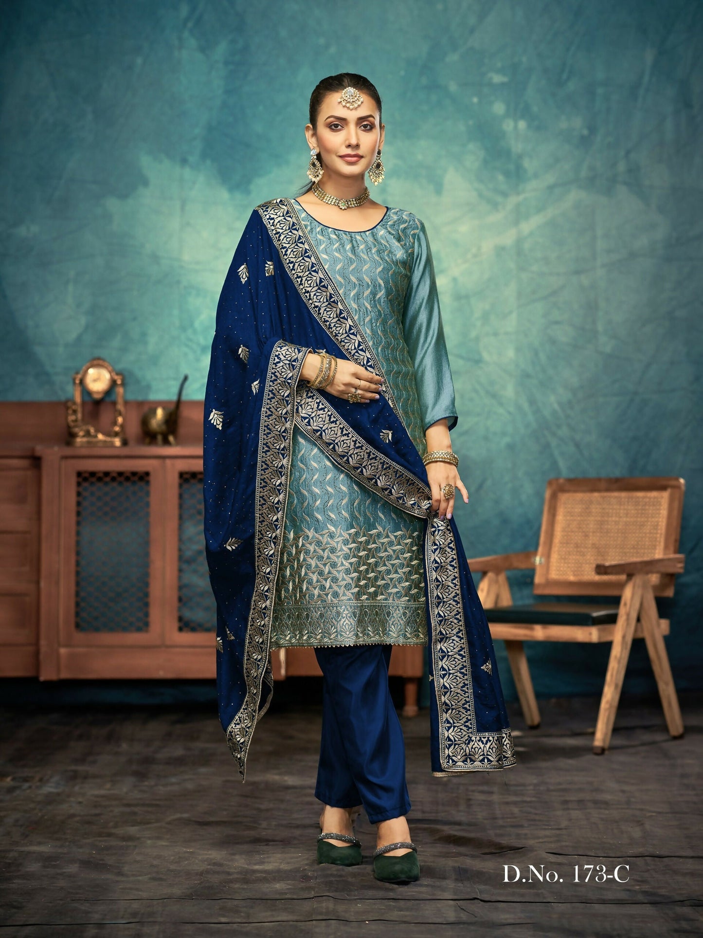 Anaita Light Teal Premium Embroidered with servos waki diamond Vichitra Silk Stitched Salwar Suit
