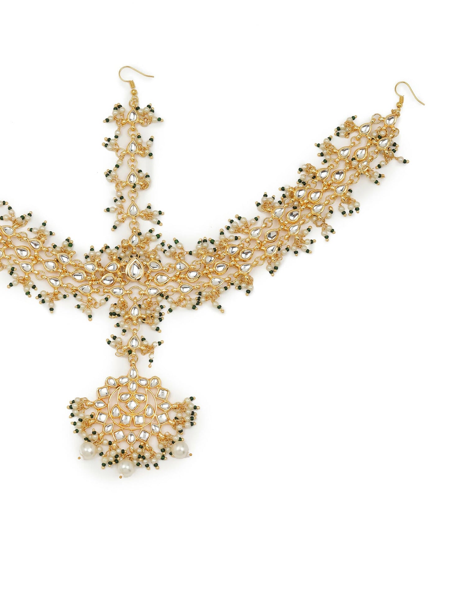 Gold-Polished White Green Kundan-Studded Pearl Beaded Matha Patti - Ruby Raang