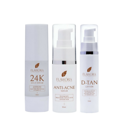 Flawora Set of D-Tan Lotion, Anti Acne Serum and Golden Glow Face Serum