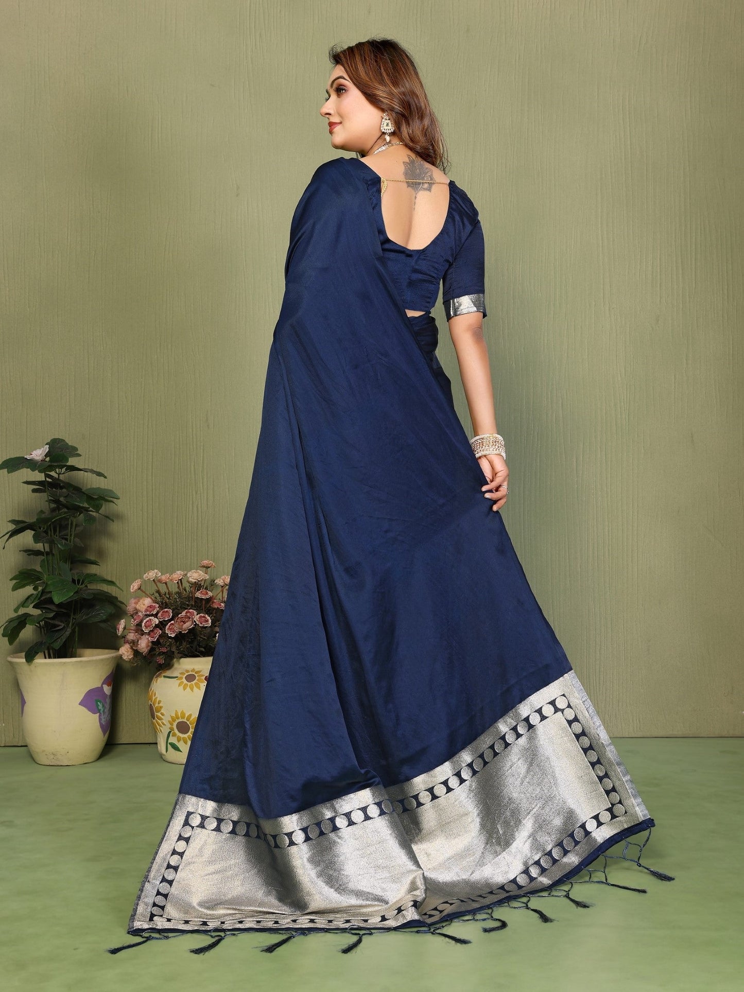 Anaita Navy Zari Weaving Work Satin Silk Saree With Blouse