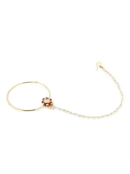 Gold-Pleated Red White Kundan Studded Beaded Chained Nosepin - Ruby Raang