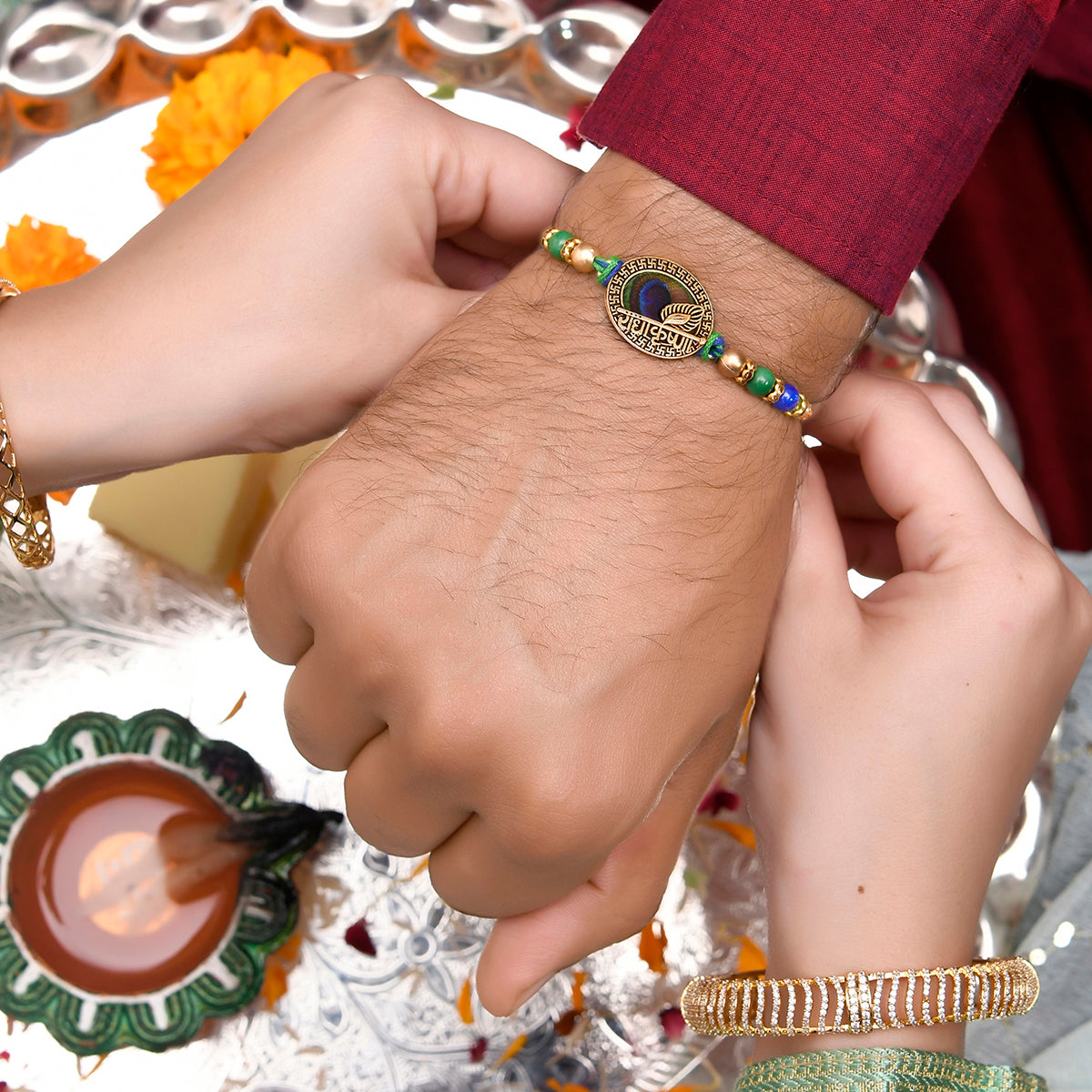 trueBrowns X Voylla Radha Krishna Peacock Feather Beaded Thread Rakhi
