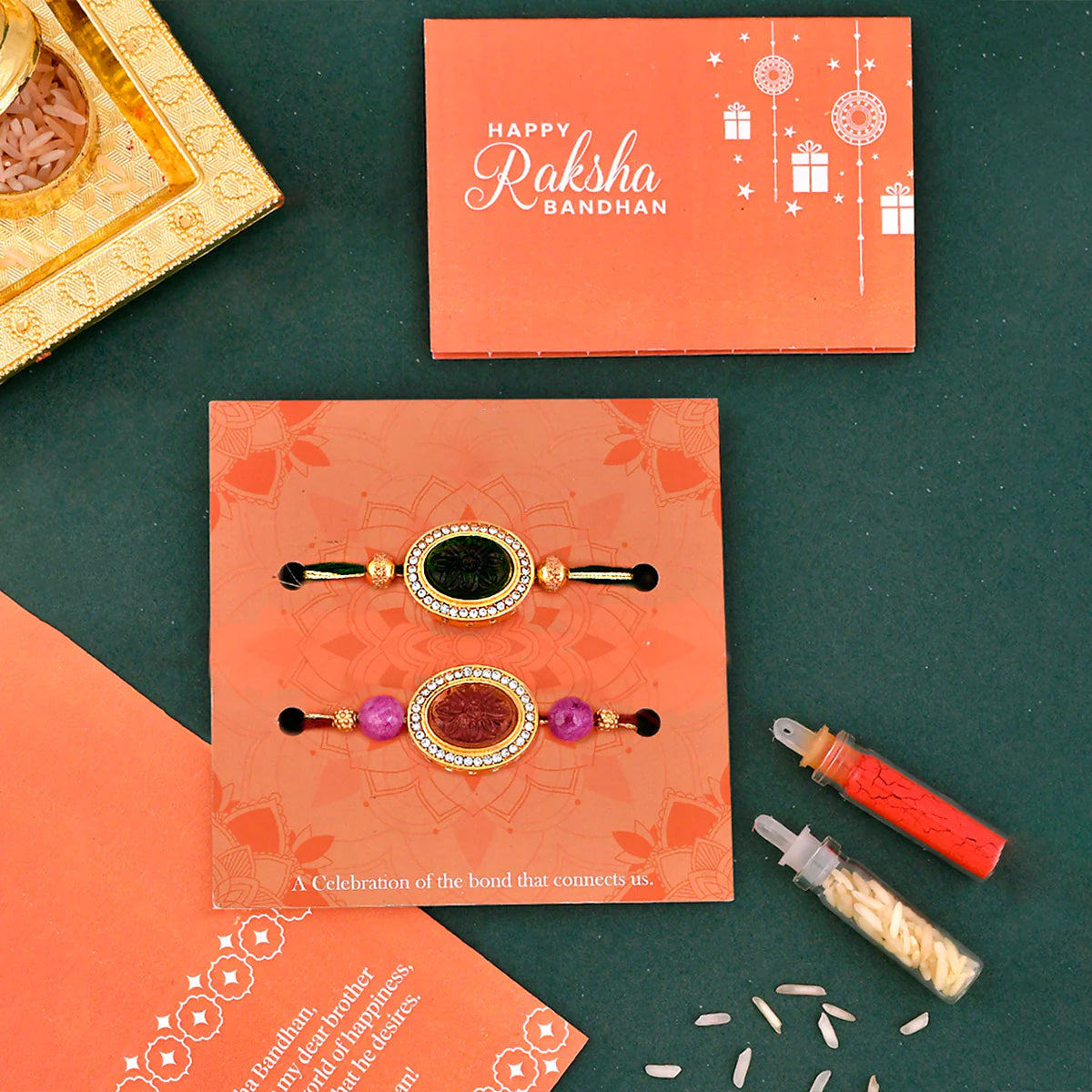 trueBrowns X Voylla Studded Pink And Green Thread Rakhis - Pack Of 2