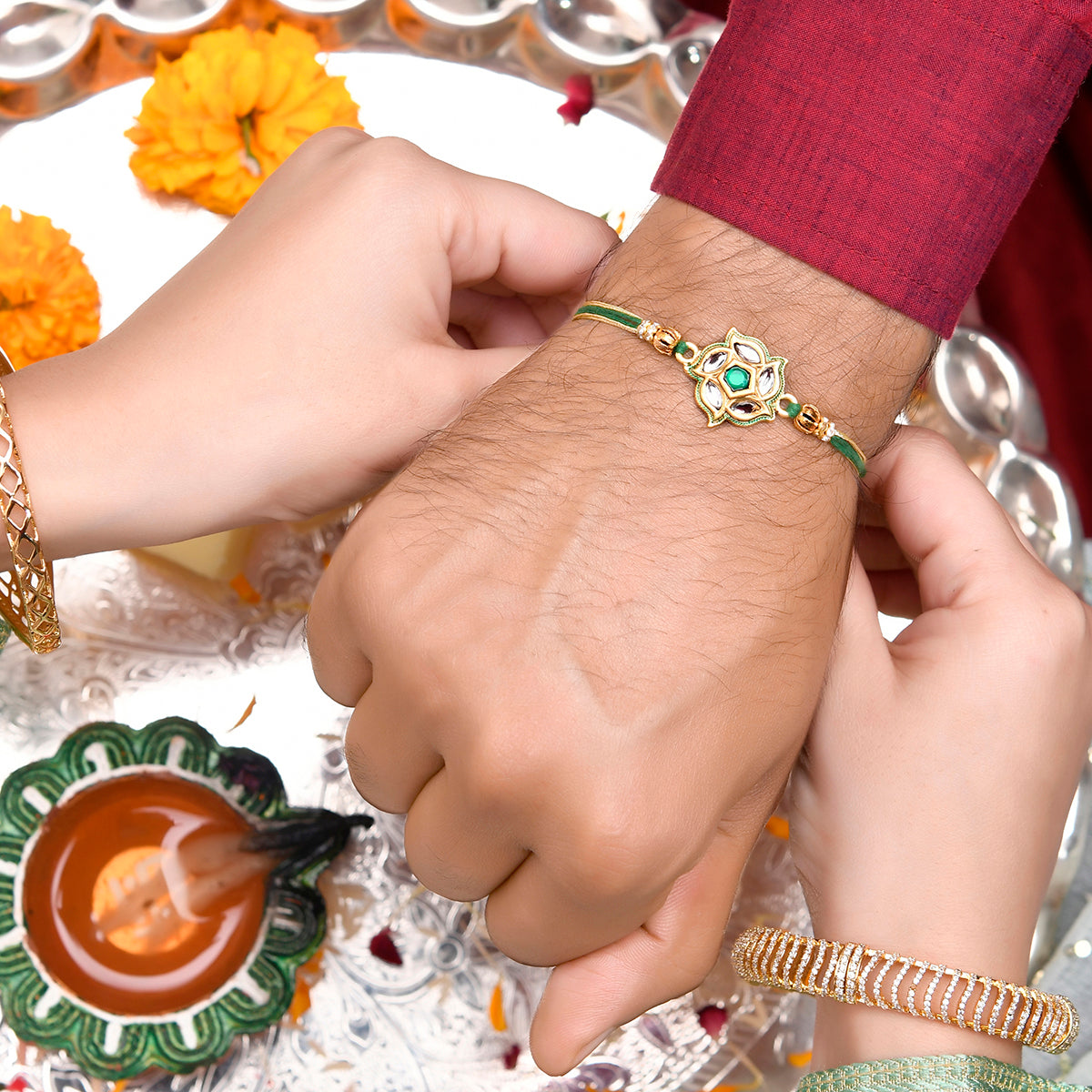 trueBrowns X Voylla Green Gems Studded Ethnic Thread Rakhi