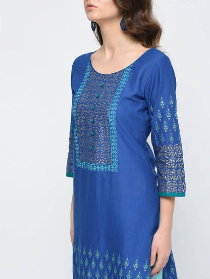 Indian Clothing Cheera Hand Block Print Royal Blue Color Straight Kurta