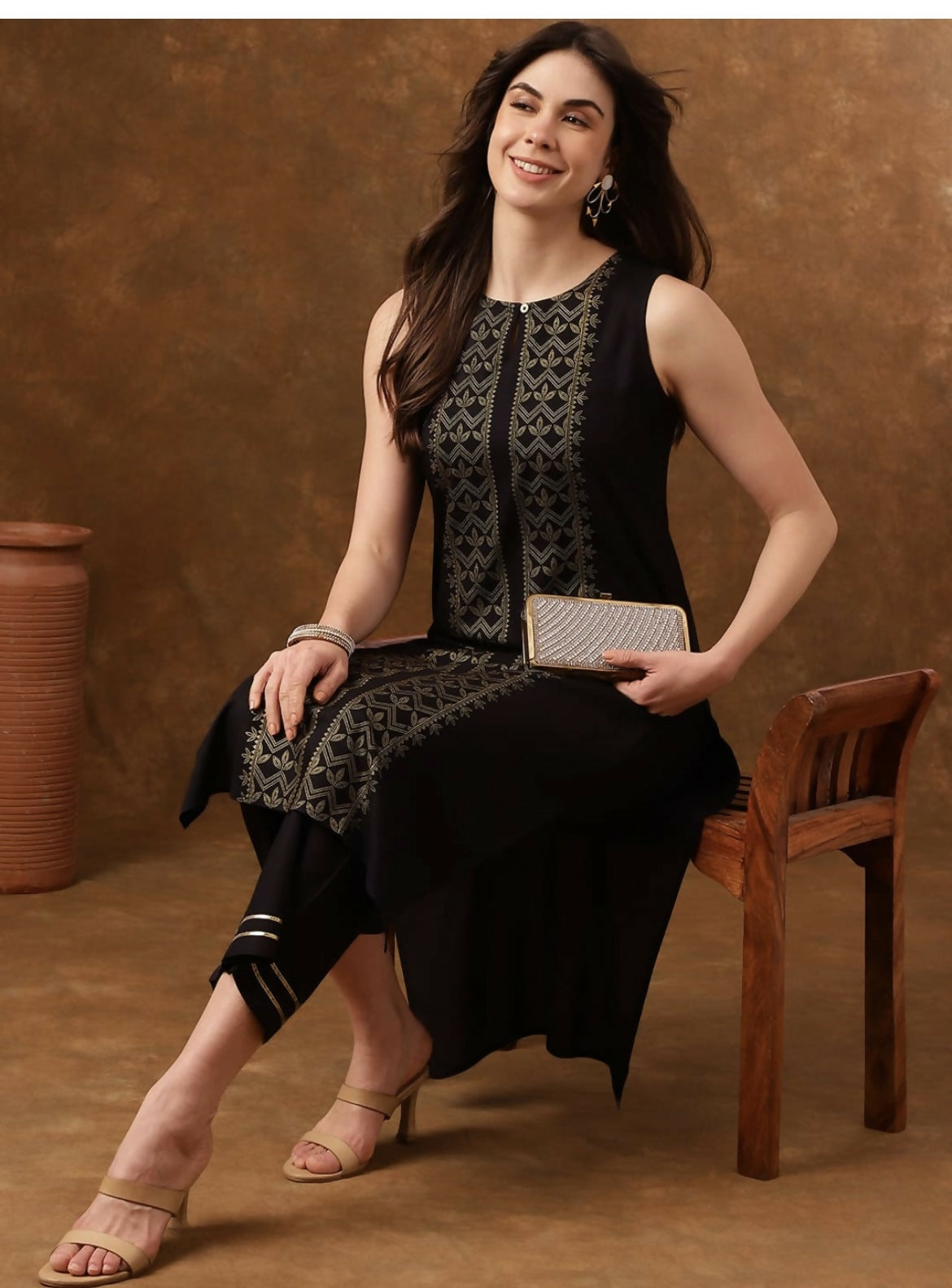 Cheera Women Stylish Hand Block Printed Cotton Blend Flared Kurta - Black
