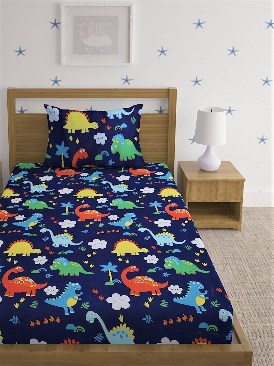 Home Sizzler Blue & Yellow Printed 210 TC Bedsheet with Pillow Covers