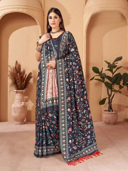 Aayaa Designer Winter Collection Printed Saree With Shawl - Multi Color