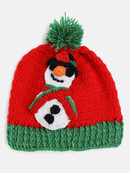 Chutput Kids Woollen Hand Knitted Full Sleeves Snowman Detail Sweater For Baby Boys With Cap - Red