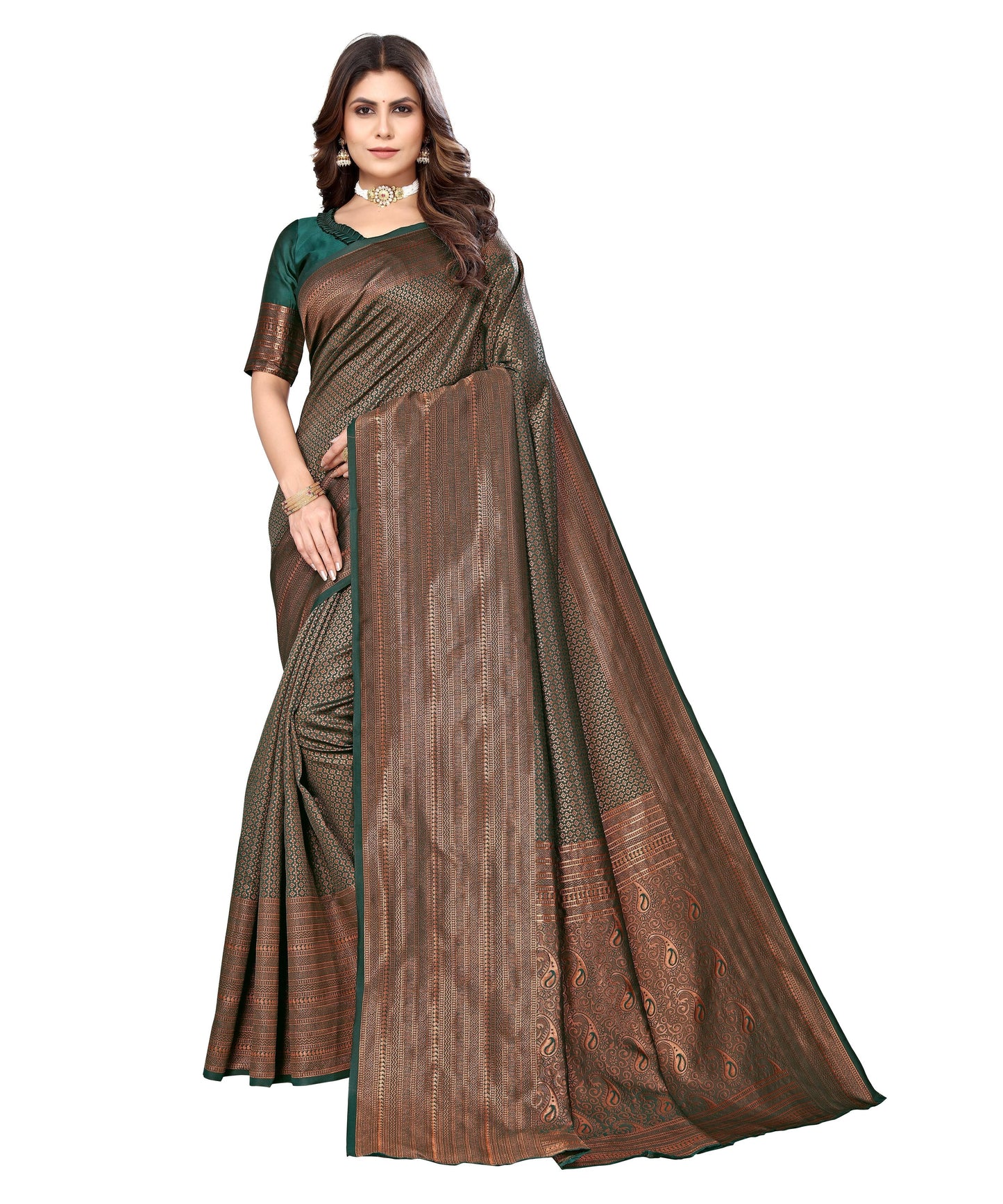Vamika Weaving Banarasi Jacquard Green Kanjivaram Saree