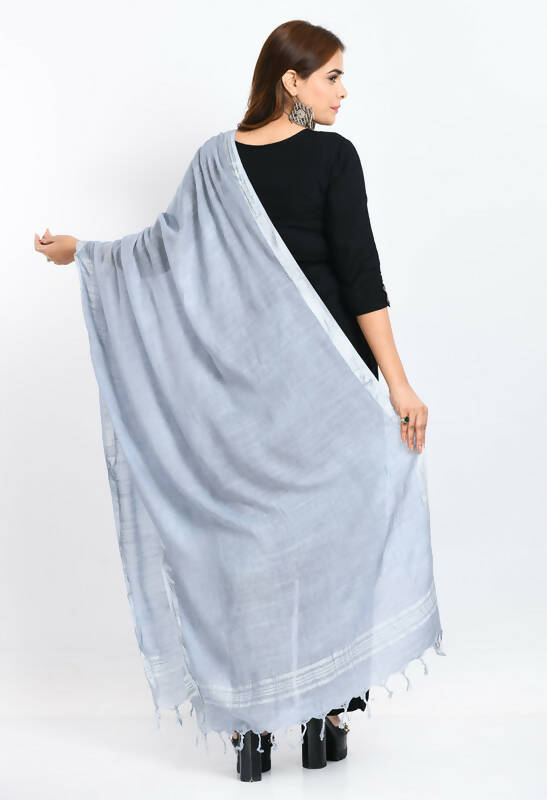 Mominos Fashion Moeza Women's Linen Cotton Silver Border Grey Dupatta
