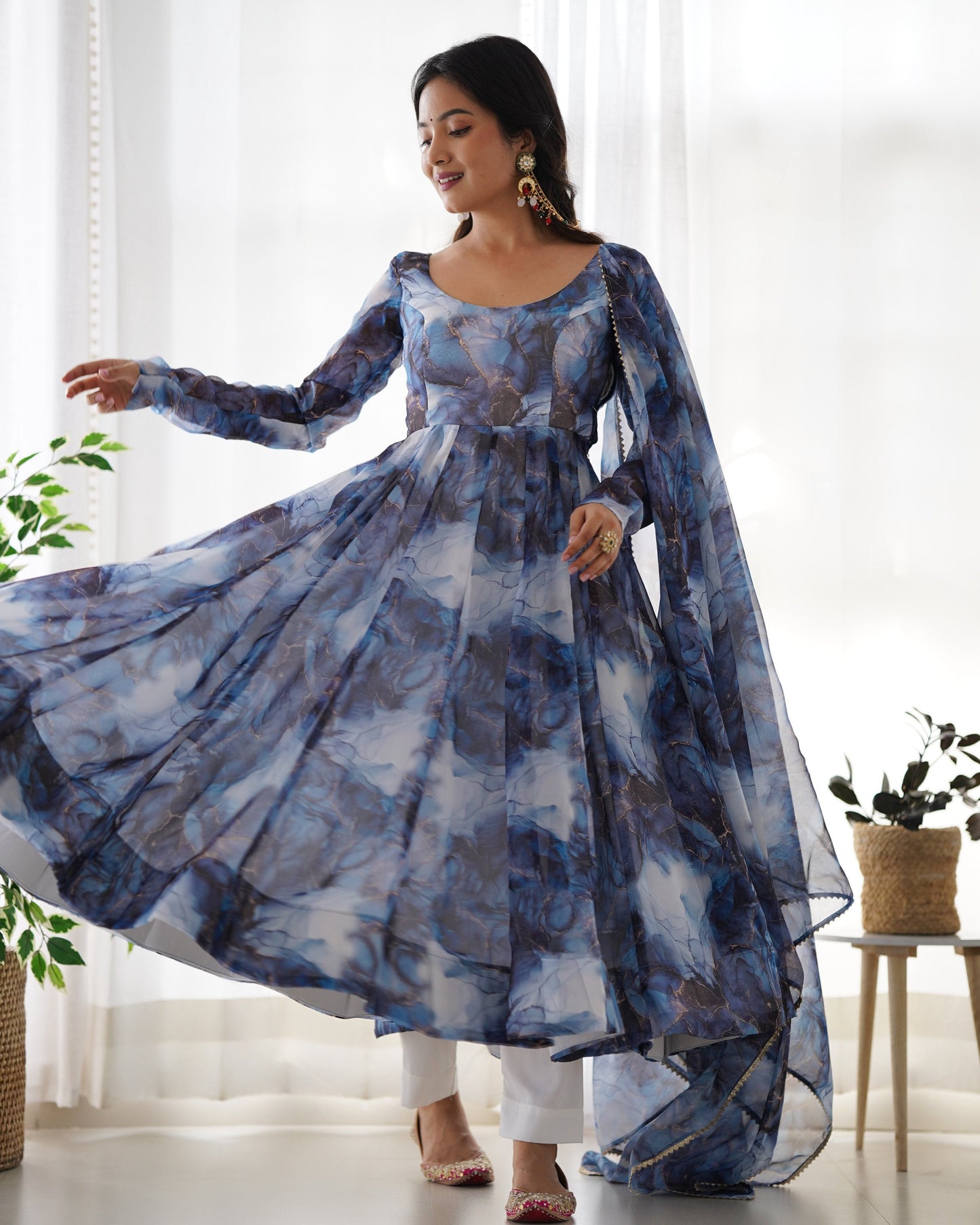 Lehenga Mart Navy Blue Organza Silk Designer Anarkali Suit Set