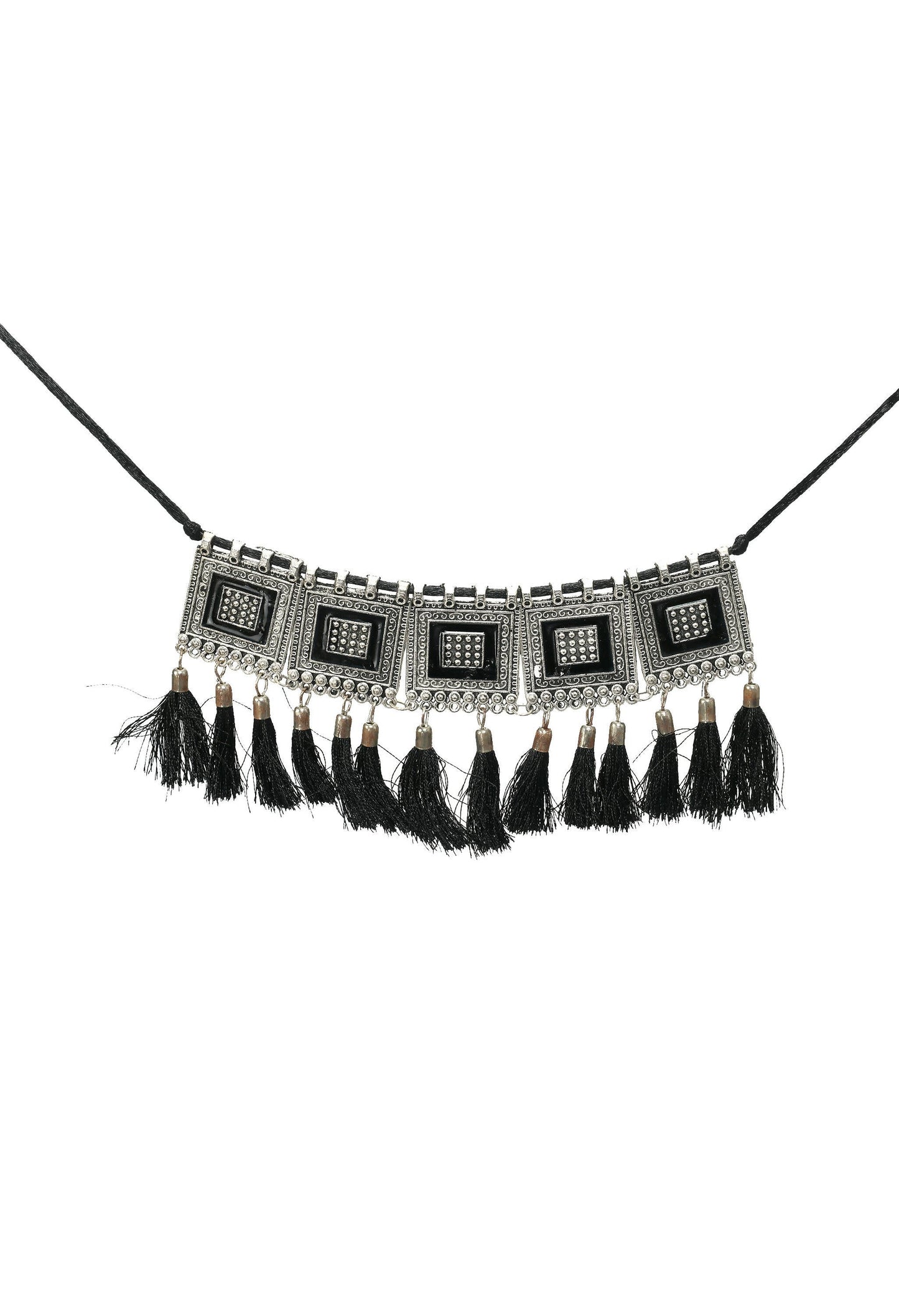 Mominos Fashion Johar Kamal Oxidised Silver-Plated Brass Finish Tassel Work Handicraft Choker For Women (Black)