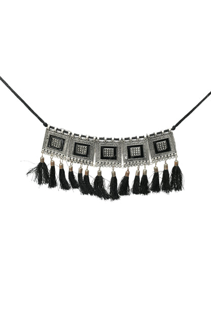 Mominos Fashion Johar Kamal Oxidised Silver-Plated Brass Finish Tassel Work Handicraft Choker For Women (Black)