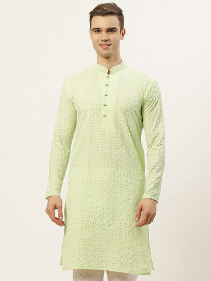 Jompers Men's Green Embroidered Kurta Only