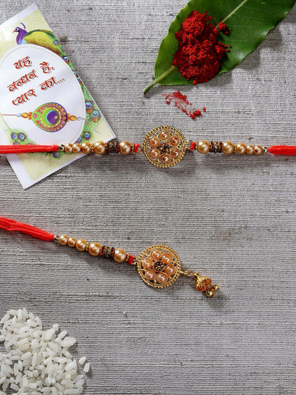 NVR Women & Men Set of 2 Gold-Toned Bhaiya Bhabi Rakhi With Roli Chawal & Chocolate